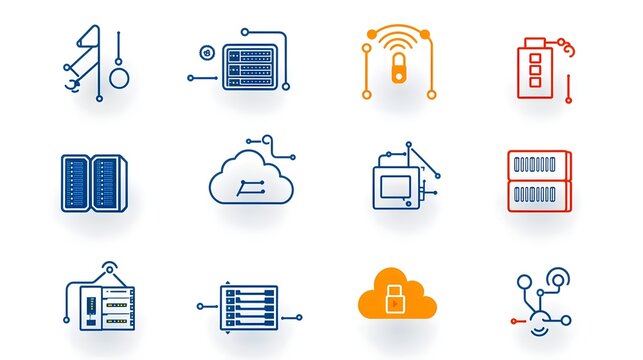 A comprehensive set of minimalist line art icons representing various elements of web hosting and cloud computing services including domain traffic server infrastructure