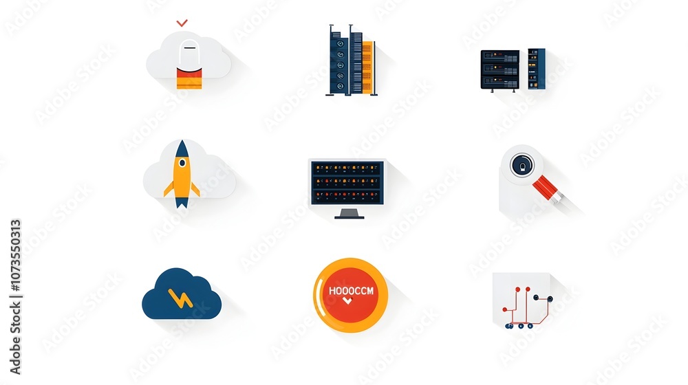 Fototapete Simple line icon set representing web hosting and cloud computing services such as webspace domain data exchange and other related symbols on a white background  This minimal