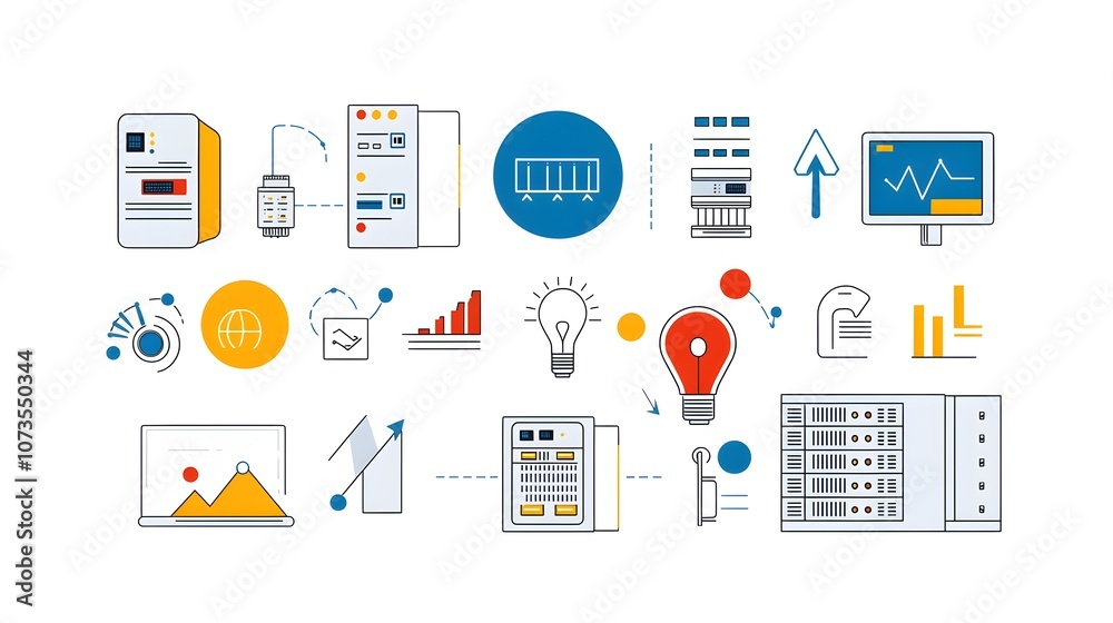 Poster Set of modern and minimalist web hosting icons in clean line art style featuring symbols for server network connection webspace and other digital technology elements on a simple white background