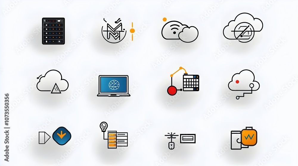 Fototapete A set of simple line icons representing key elements of web hosting and cloud computing services including webspace domain data exchange and other related symbols on a clean white background