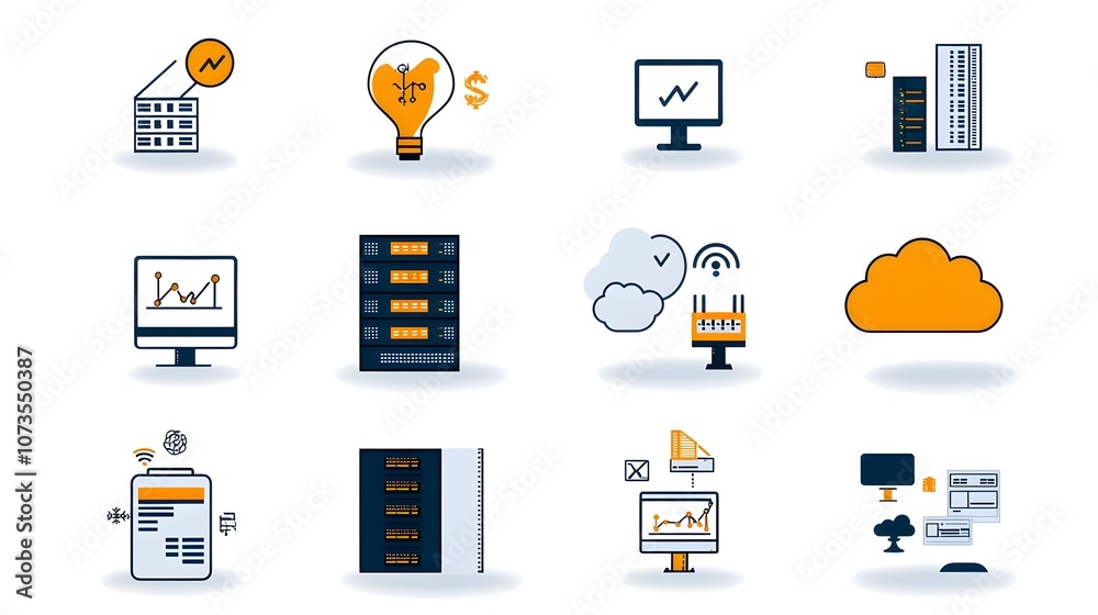 Poster Collection of Hosting Icons in Minimalist Line Style Depicting Server Cloud Website and Traffic Symbols on a Clean White Background  Digital Technology and Internet Connectivity Concept