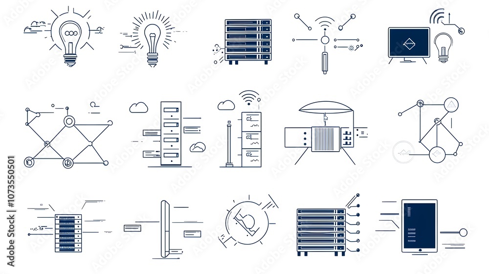 Fototapete Web Hosting Icon Set in Line Style Featuring Symbols for Domain Server Data Exchange and Webspace on a Clean White Background