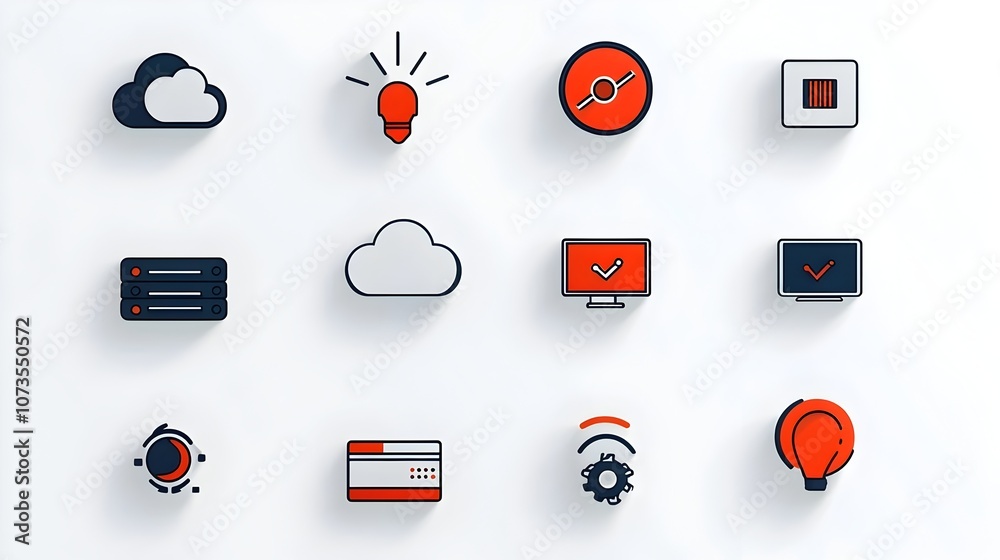 Fototapete Set of Minimalist Cloud Computing Icons in Line Style Featuring Webspace Domain and Traffic Elements on White Background for Web Hosting and Website Management Concepts