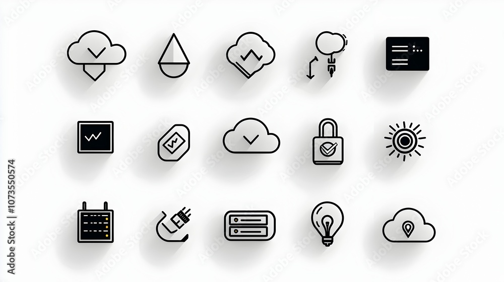 Poster Minimalist Cloud Computing Icons in Line Style for Web Hosting Services featuring Webspace Domain and Traffic Symbols on White Background