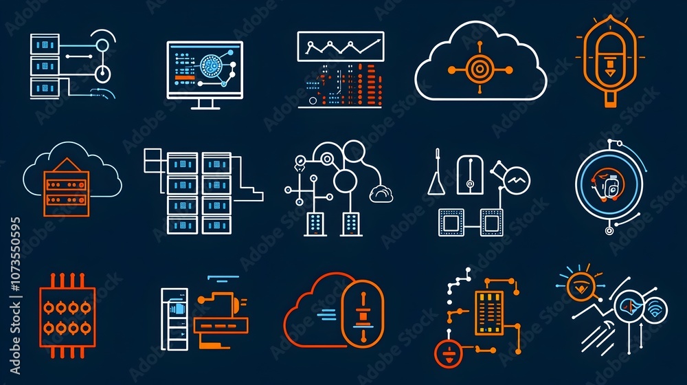 Leinwandbilder Sleek line style icons for hosting and cloud computing concepts including website traffic and data exchange symbols on a clean white background