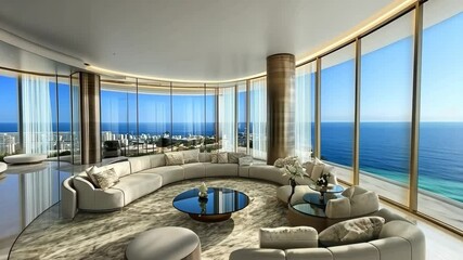 A modern living room with a curved sofa and large windows offering a breathtaking view of the ocean