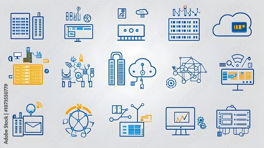 Fototapete Collection of web hosting icons in line style with symbols for data exchange server and cloud computing technology on white background  Flat graphic design for website app interface