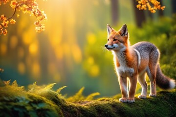 Little fox in nature in backlight. Fox on the outskirts of the forest.