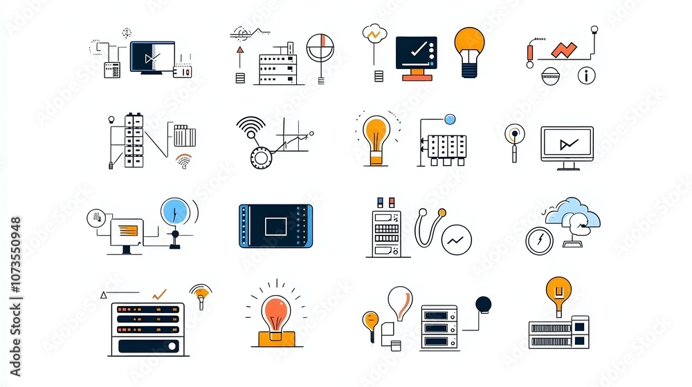 Poster Minimal line icons showcasing essential hosting services including web domain and server symbols set against a clean white background  These simple