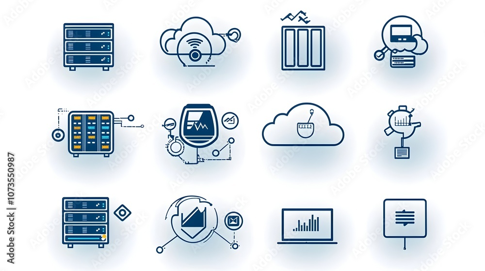 Fototapete Comprehensive collection of web hosting and server icons designed in a clean minimalistic line art style  The icons feature various cloud service domain and webspace symbols