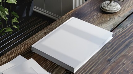 Hardcover blank white book on wooden table with soft natural light. Minimalistic product mockup.