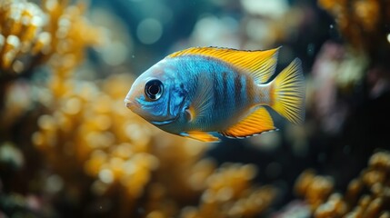 Obraz premium A single blue and yellow fish swims through a coral reef.