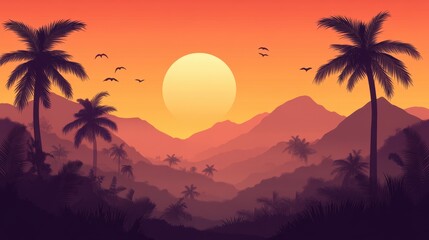 Sunset Jungle Silhouettes with Palm Trees, ai generative