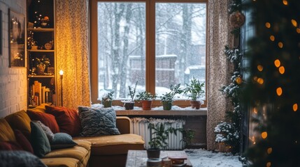 Cozy Living Room with Snow-Covered Window and Christmas Tree