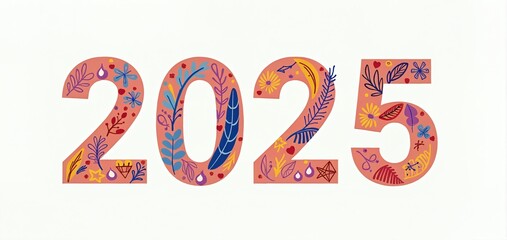 Colorful 2025 numbers adorned with floral and abstract designs against a light background, symbolizing a vibrant new year