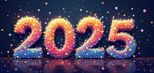 Colorful 2025 display with vibrant dots, ideal for New Year celebrations, set against a dark backdrop