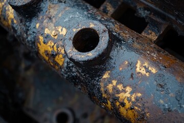 Detailed Close-Up of a Turbo Diesel Engine Manifold with Soot and Oil Residue on a Rusted Surface Showing the Effects of Time and Wear in Mechanical Components