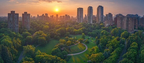 Aerial view of a park with tall buildings in the background during sunset.