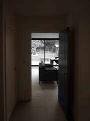 Liminal space of open door into modern room