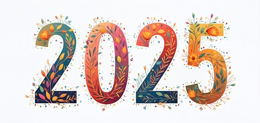 Colorful floral design representing the year 2025, featuring vivid hues and intricate botanical elements. New Year 