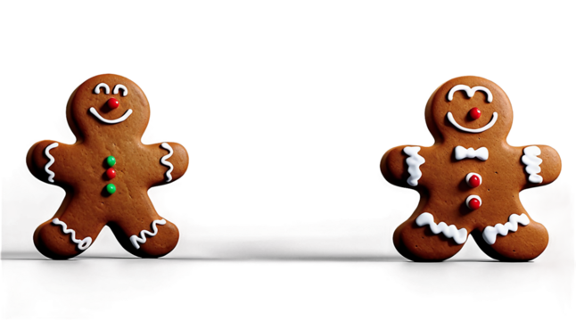 Pair of Cheerful Gingerbread Men with Smiles, Isolated on transparent background.