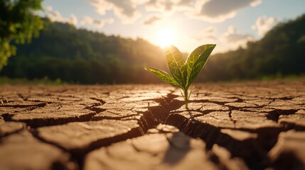 A resilient plant emerges from cracked earth under a bright sun.