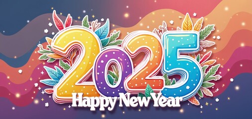 Fototapeta premium Colorful 2025 Happy New Year greeting card with vibrant designs and festive elements set against a cheerful background
