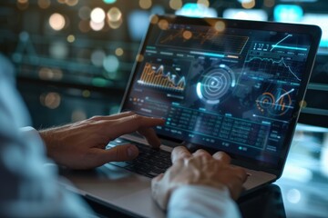 Person using laptop with data analysis dashboard on screen. Business technology and stock market concept.