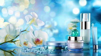 Skincare Products on a Blue Background - a refreshing and vibrant visual. The blue background enhances the appeal of the skincare products, creating a soothing and inviting scene.
