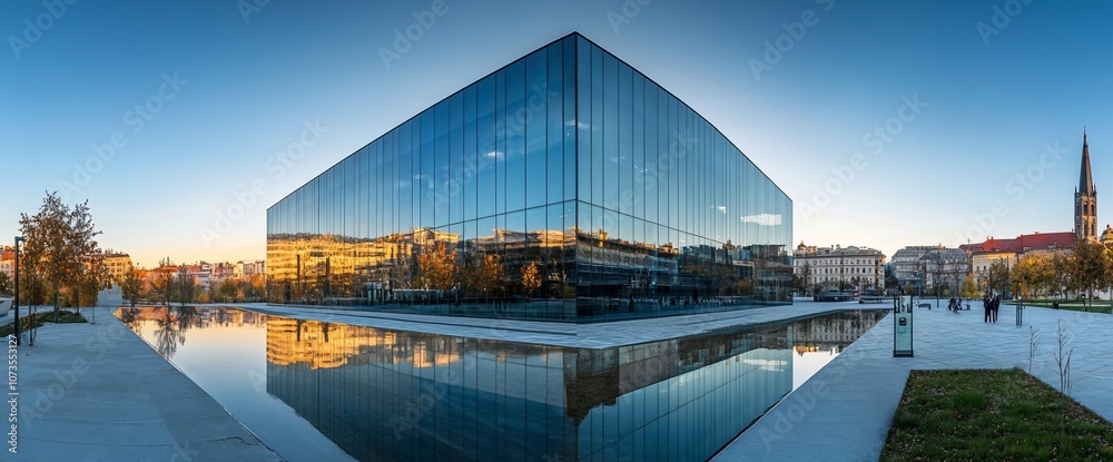 Poster Modern glass building with a reflecting pool in front of it.