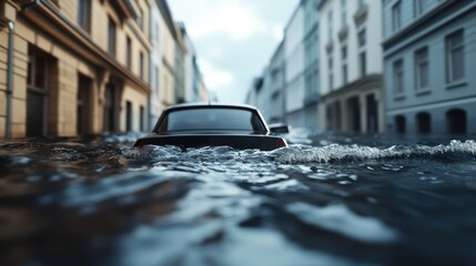 A submerged car amidst a flooded city street with waterlogged buildings.