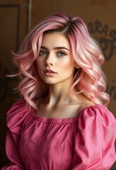 Fototapeta premium Portrait of Young Woman with Pink Hair and Green Eyes