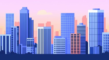 Fototapeta premium A vibrant skyline of modern skyscrapers at sunset.