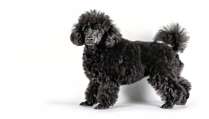 Black Toy Poodle, a small, elegant dog with a long neck and slender muzzle. Their coats are curly and profuse, and come in many colors, including black, brown and white.  Isolated on white background