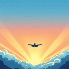 A vibrant sunset scene featuring an airplane flying through clouds.