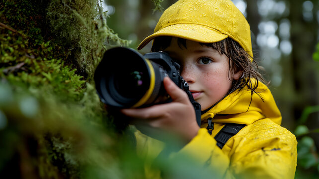 Young photographer capturing nature in the rain
