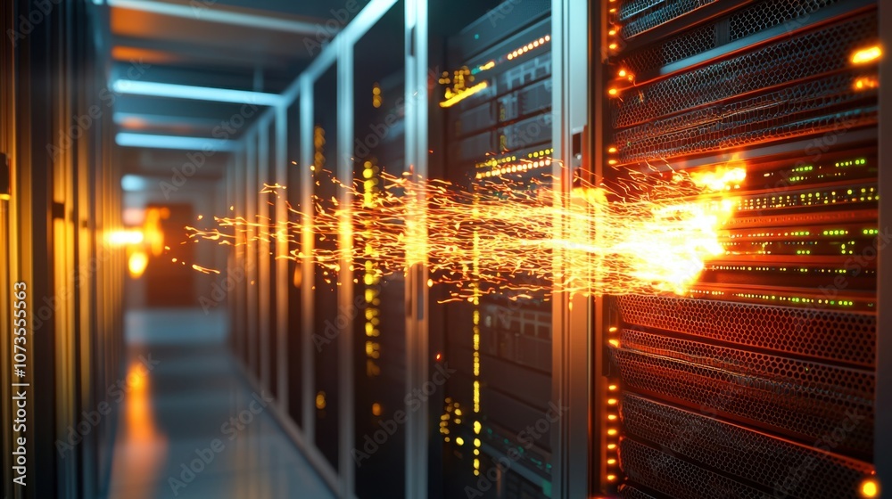 Poster Dynamic Electrical Sparks in a Modern Data Center Representing Energy Flow and High-Technology Infrastructure with Rack Servers and Digital Connectivity