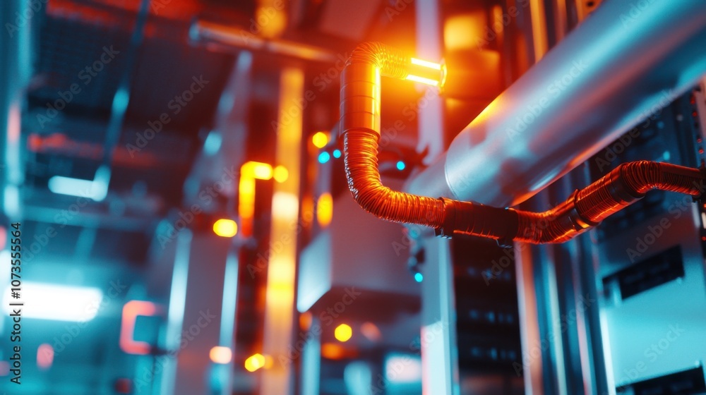 Poster intricate details of a modern data center featuring advanced technology, cooling pipes, and vibrant 