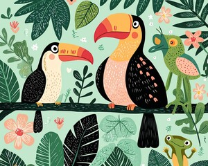 Naklejka premium cute nature wildlife landscape conservation concept Colorful toucans and frogs in a lush jungle.