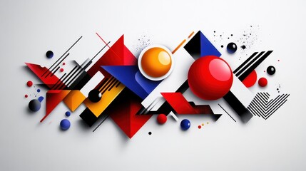 Obraz premium Abstract Geometric Composition with Bold Colors and Shapes, Featuring Circles, Triangles, and Lines in a Dynamic Arrangement on a Light Background