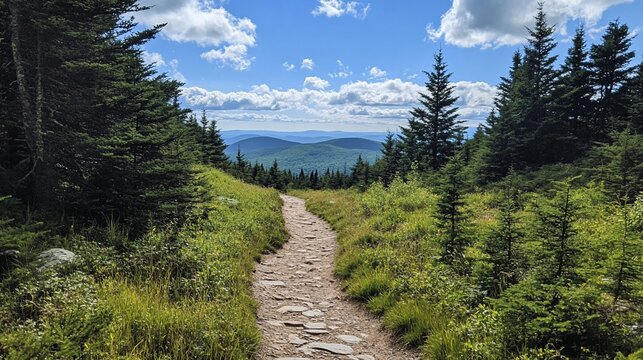 A winding stone path leads through a lush green forest towards a distant mountain range under a bright blue sky with white clouds.