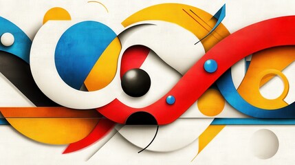 Abstract colorful composition featuring dynamic shapes and lines in red, blue, yellow, and white, conveying a sense of movement and creativity in a modern art style