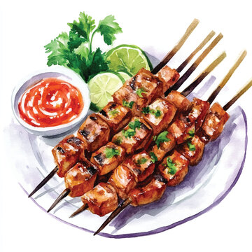 watercolor skewers with sauce and lime clip art preview
