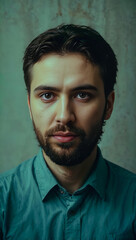 Fototapeta premium Serious young man with beard in a teal shirt posing against a textured wall background