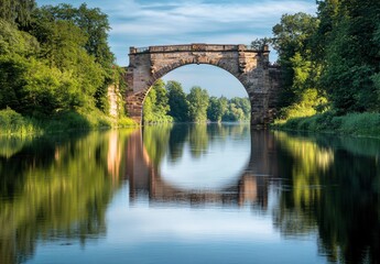 Fototapeta premium Stone Arch Bridge Reflection in Calm Water
