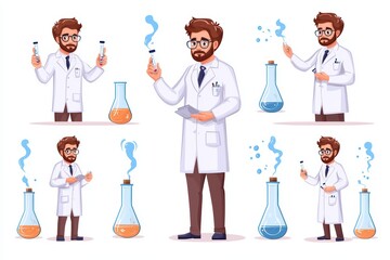 Obraz premium Cartoon scientist with flasks and test tubes in various poses.