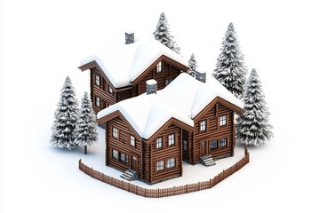 Charming wooden house in a snowy landscape, surrounded by trees.