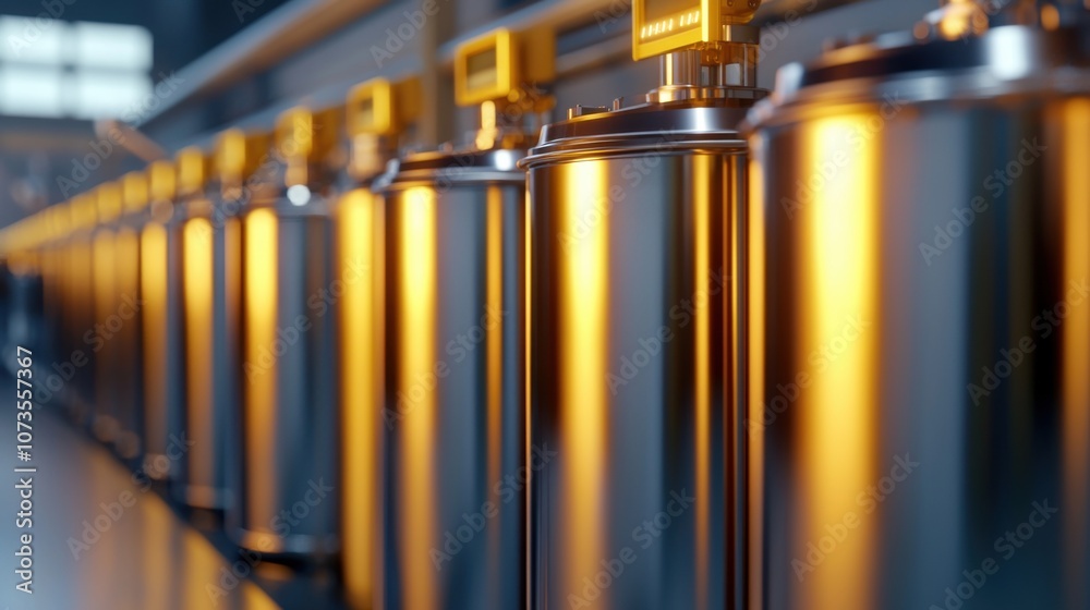 Aufkleber modern industrial facility with metallic tanks and digital displays illuminated by warm light, showi