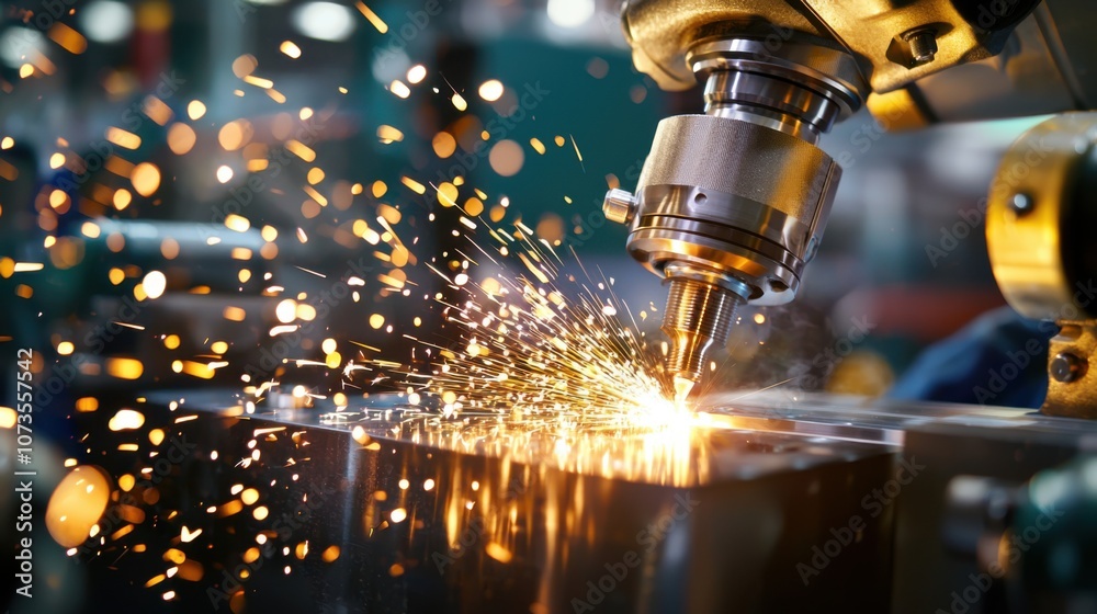 Poster precision metal cutting process with sparks flying in a modern workshop environment, showcasing adva