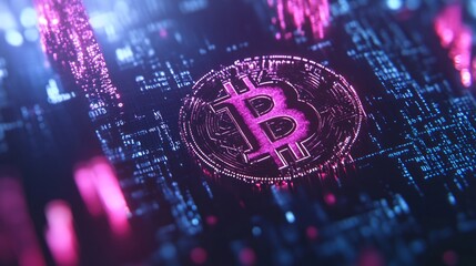 Fototapeta premium A glowing Bitcoin symbol on a circuit board, representing digital currency and technology.